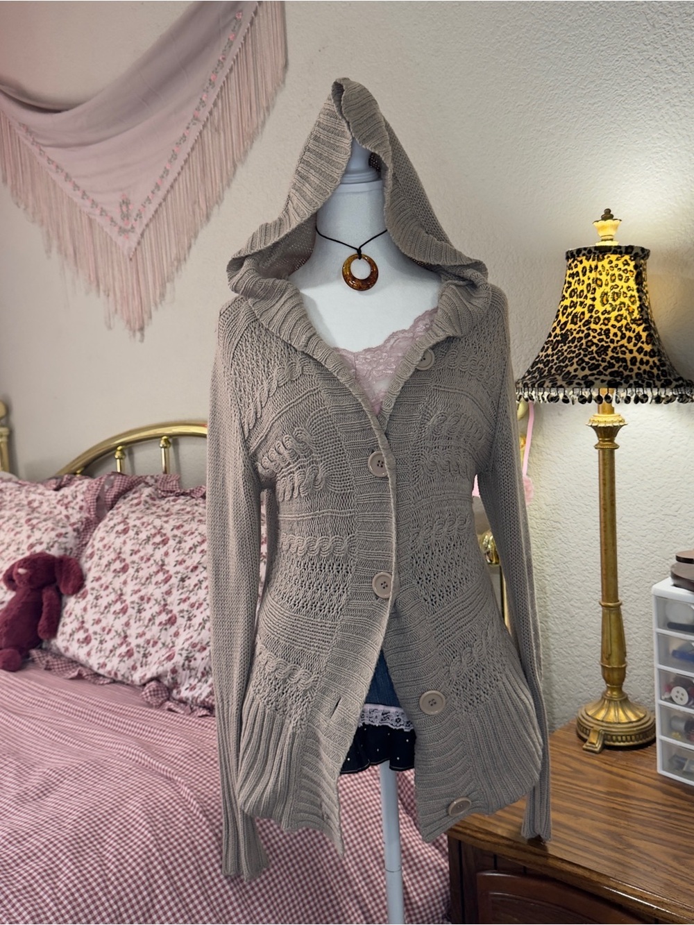 Y2K Women's Hooded Button-Front Knit Cardigan Sweater - Taupe - Picture 9 of 9